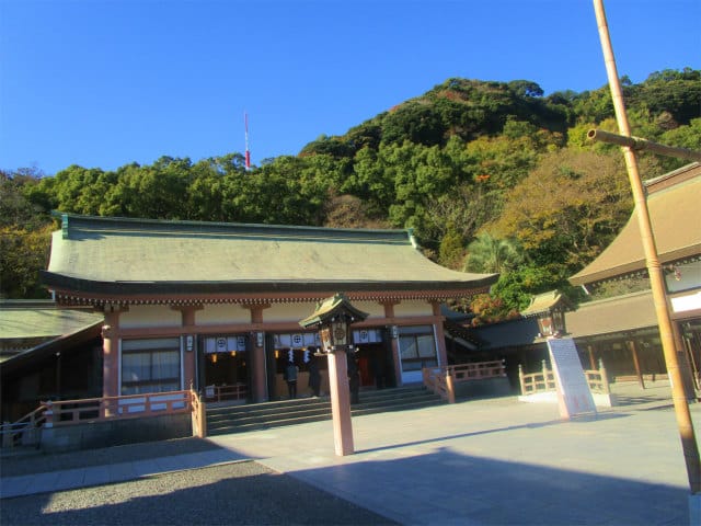 照国神社の拝殿は背後に城山があります。
